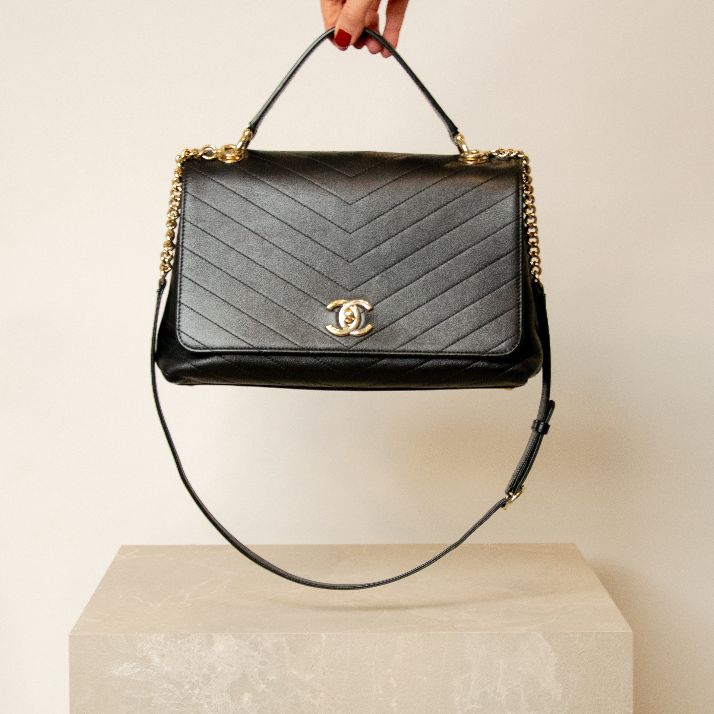 Chanel Chic Top Handle Bag Chevron Calfskin Medium Black LGHW