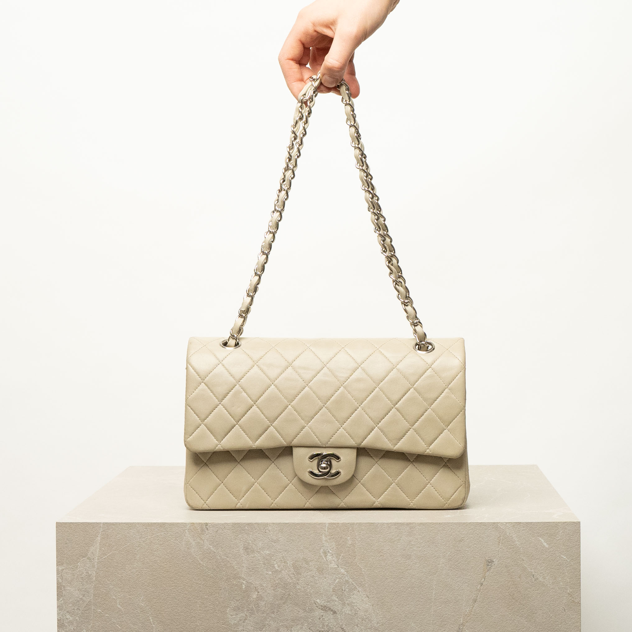 Chanel Timeless Double Flap Medium Greige with Silver Hardware