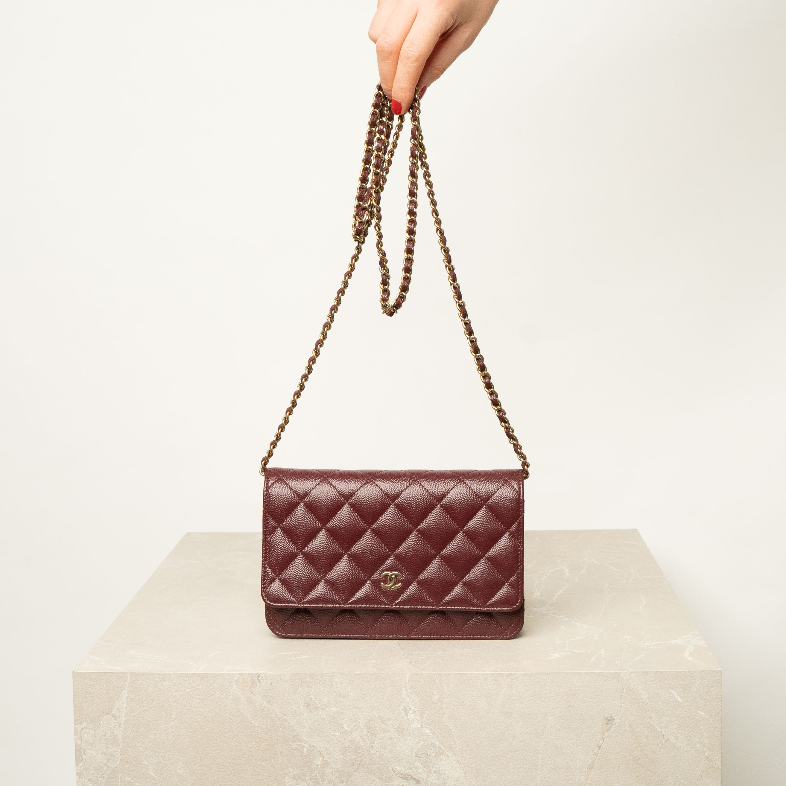 Chanel Bordeaux Wallet on Chain WOC Caviar Leather with Champagne Hardware