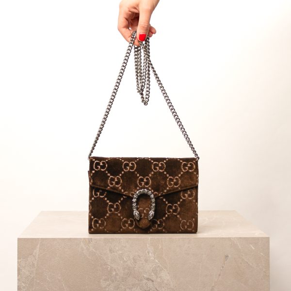 Gucci Velvet GG Bag Monogram Mini Dionysus Wallet on Chain Brown
