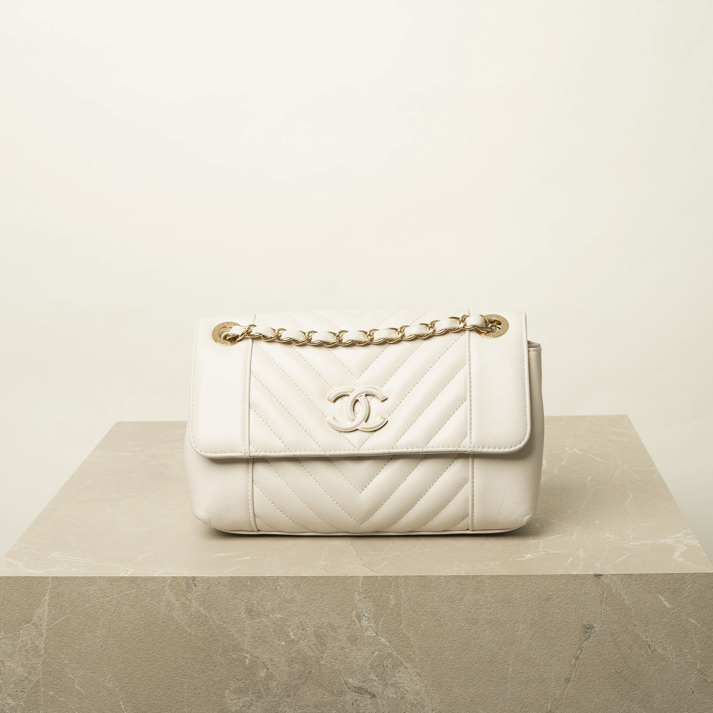 Chanel Double Reversed Chevron Flap Bag White