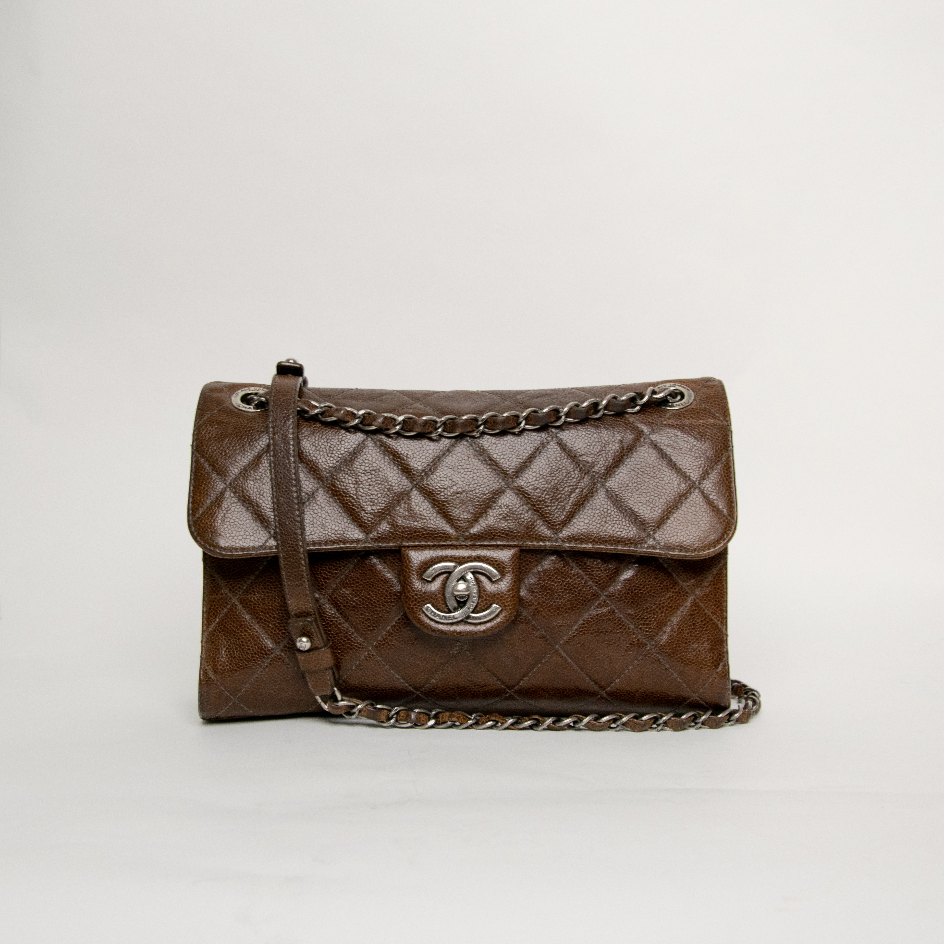 Chanel Single Flap Bag Caviar Brown with aged silver hardware