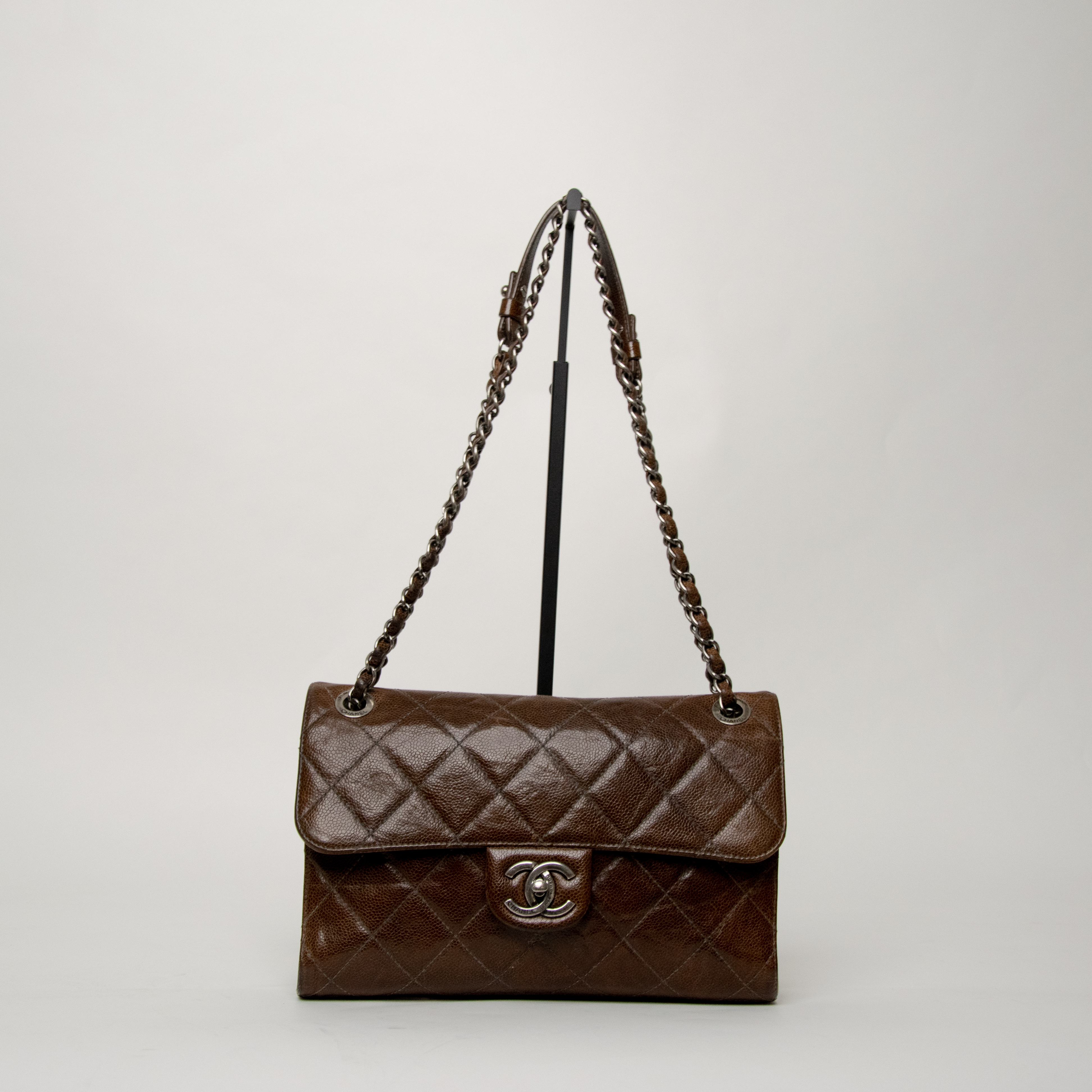 Chanel Single Flap Bag Caviar Brown with aged silver hardware