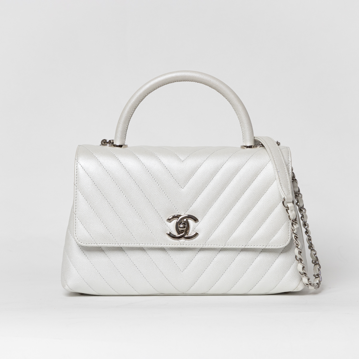 Chanel Coco Top Handle Medium Mother of Pearl Caviar with Silver Hardware
