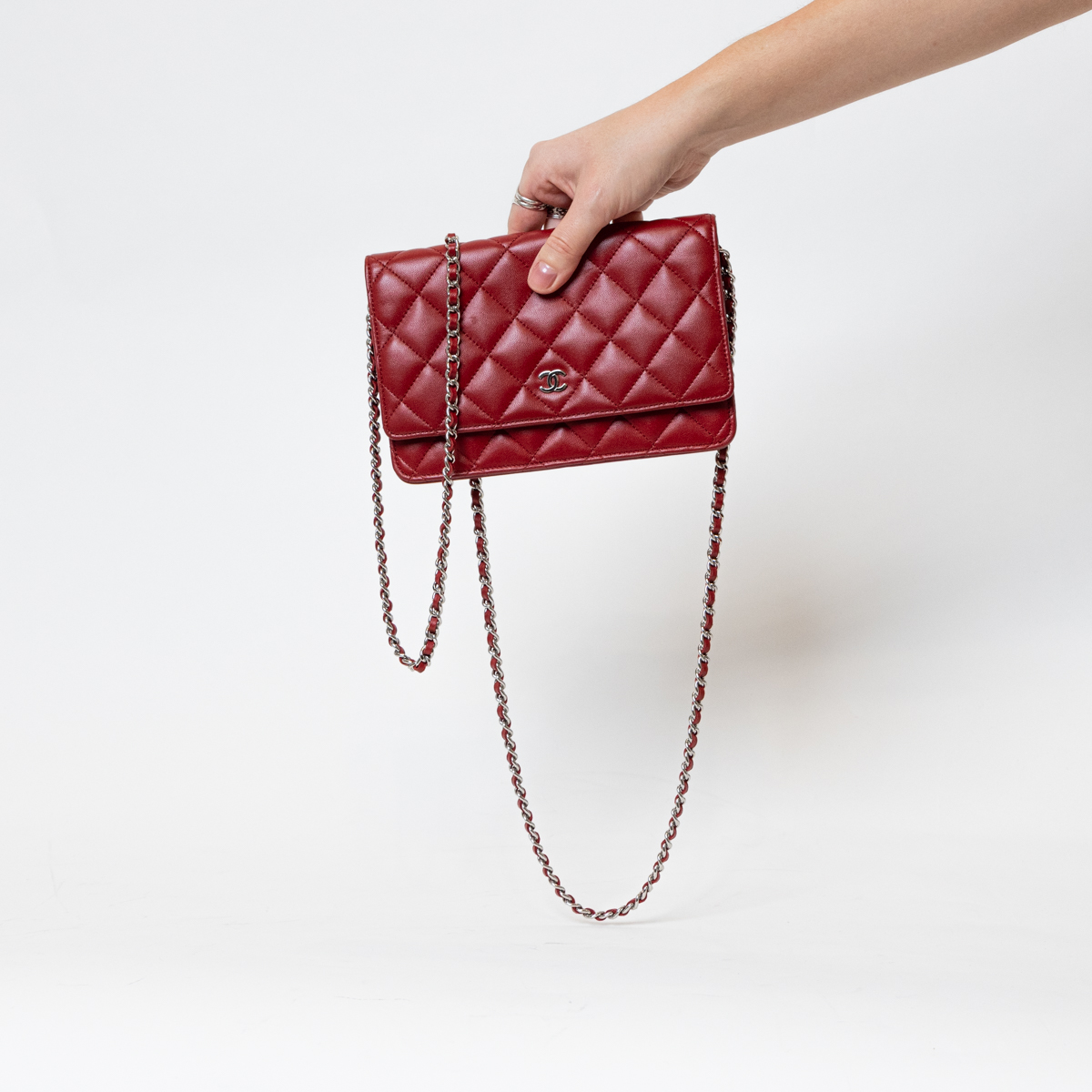 Chanel Wallet on Chain WOC Lambskin Red with silver hardware