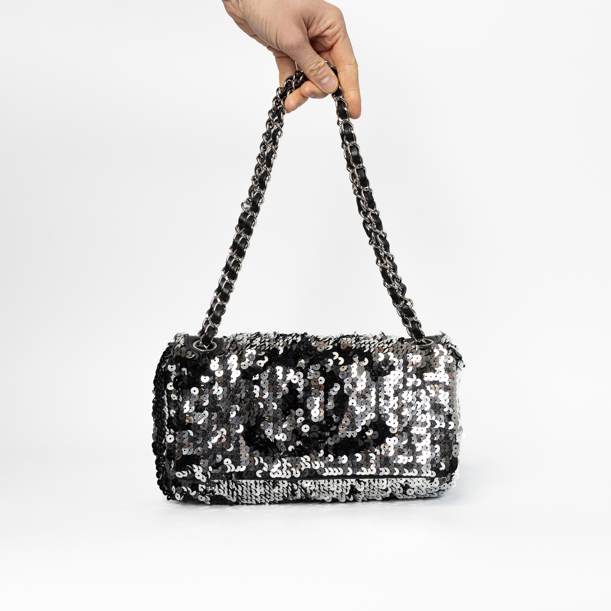 Chanel Sequin Single Flap Bag Black and Silver Limited Edition
