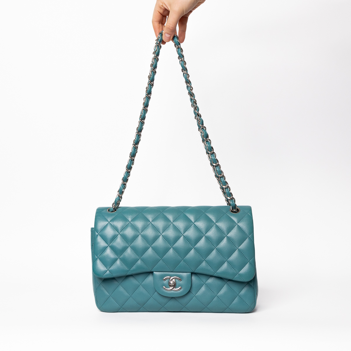 Chanel Timeless Double Flap Jumbo Lambskin Turquoise with silver hardware