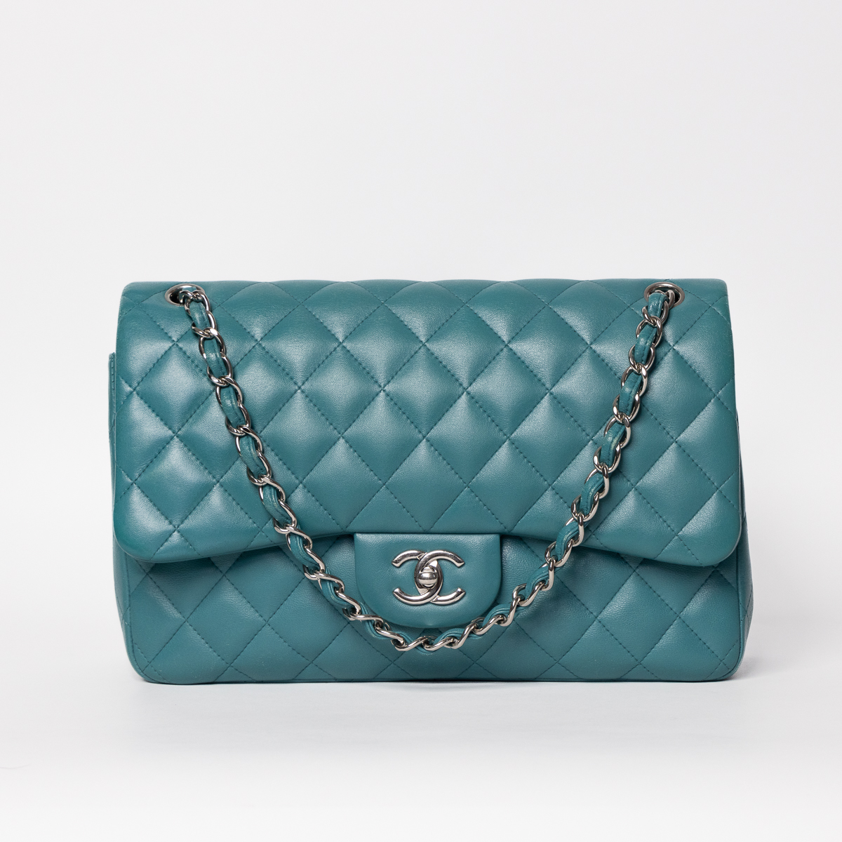 Chanel Timeless Double Flap Jumbo Lambskin Turquoise with silver hardware