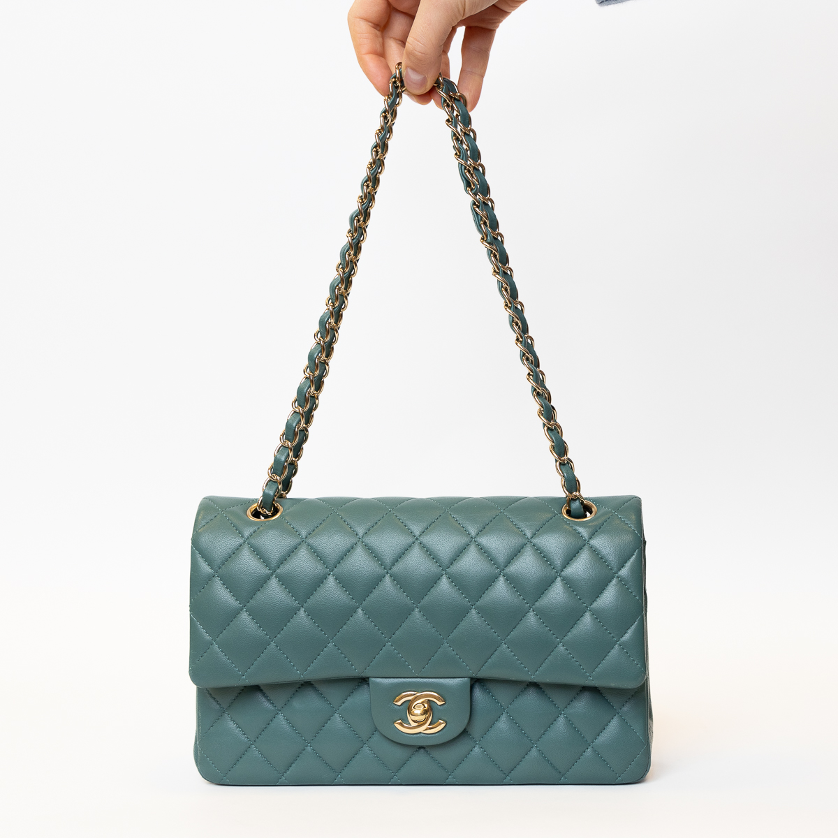 Chanel Timeless Double Flap Lambskin Medium Bag Teal with Champagne Gold Hardware
